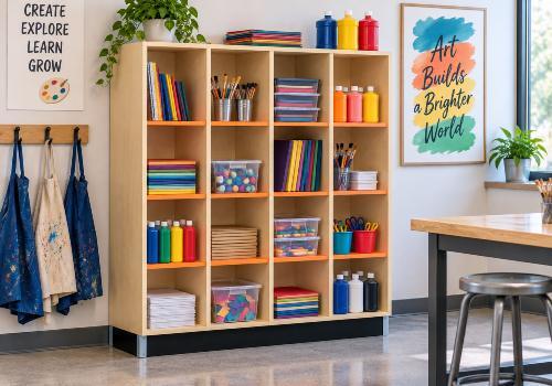 Cubby storage for student belongings and classroom materials