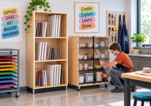 Art supply storage for paper, artwork, tools and classroom materials