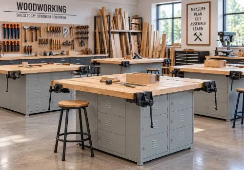 Forum workstations with storage and vise options for school woodworking programs