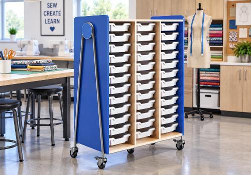 Tote storage for fabric, sewing materials and textile classroom supplies